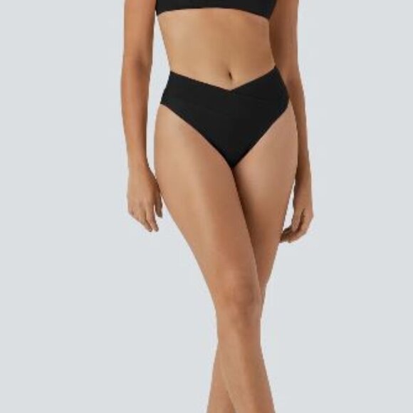 Halara Brand NWT Size Large Ribbed Black Crossover Bikini Bottom Swimsuit - Picture 1 of 4